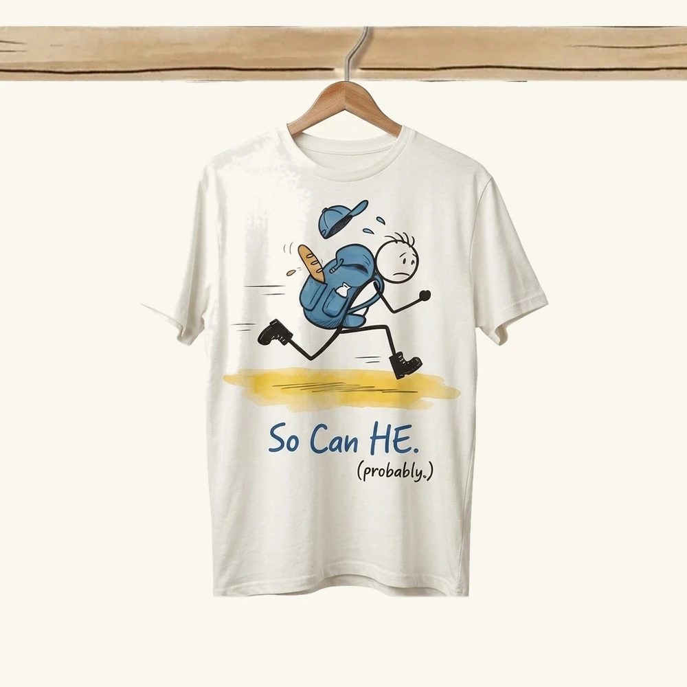 So Can HE (probably) tee — a pilgrim running with a baguette in his backpack