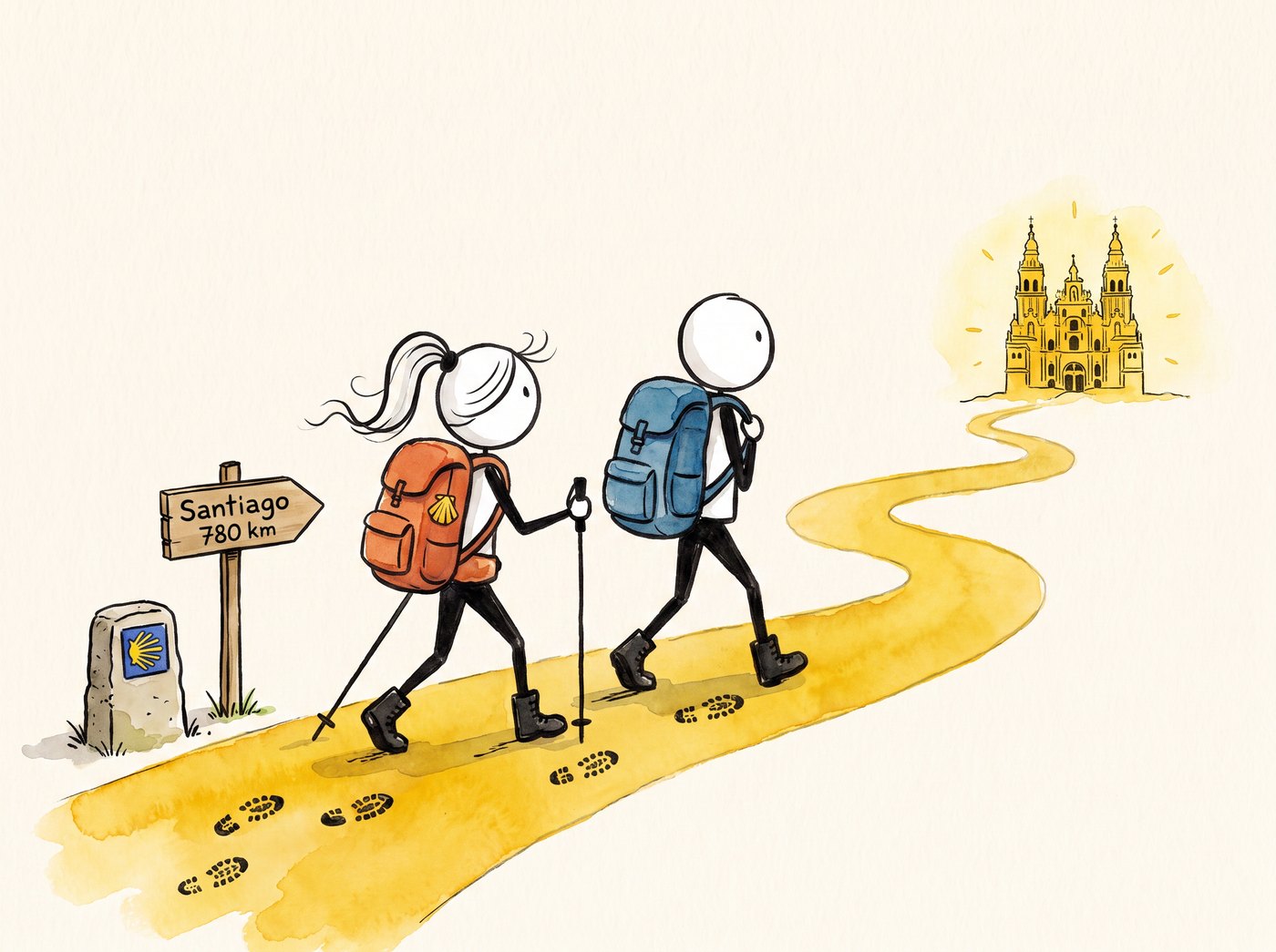 Two pilgrims walking the Camino trail