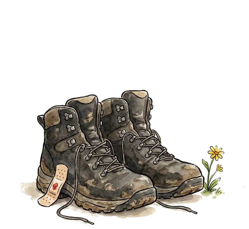 A pair of well-worn hiking boots, one with a small heart-print bandage on it, next to a yellow flower