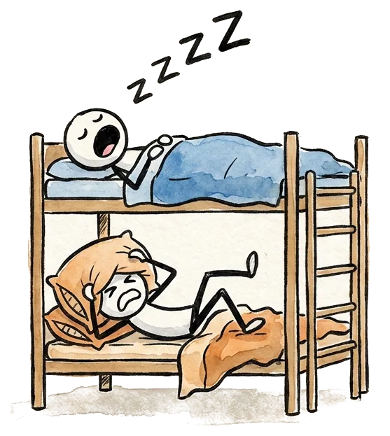 One pilgrim snoring in the top bunk, another in the bunk below pressing a pillow over their head