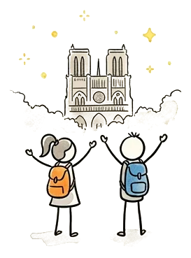 Two pilgrims with raised arms in front of the cathedral in Santiago