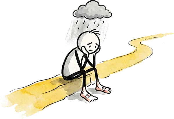 A pilgrim sits on the yellow path with bandages on bare feet and chin in hands, under one small rain cloud