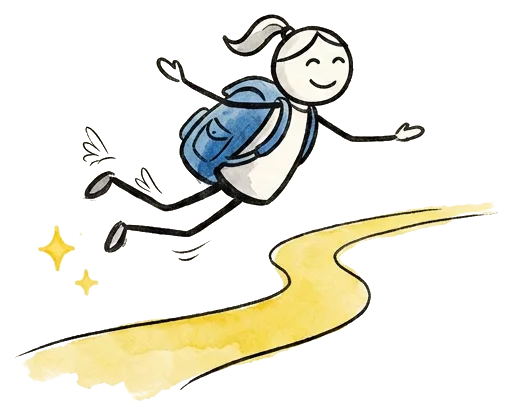 A pilgrim with a blue backpack flying above a yellow path