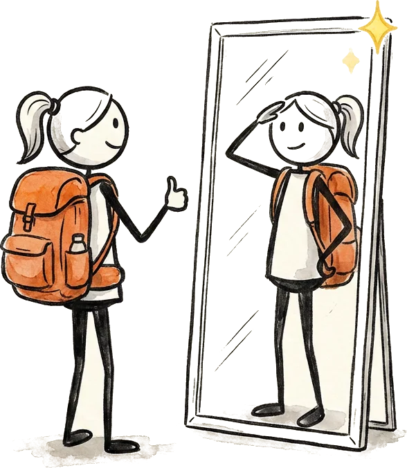 A woman with a backpack gives a thumbs-up to the mirror, and her reflection salutes back