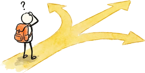 A pilgrim with an orange backpack scratches their head at a fork in the yellow path, a question mark overhead