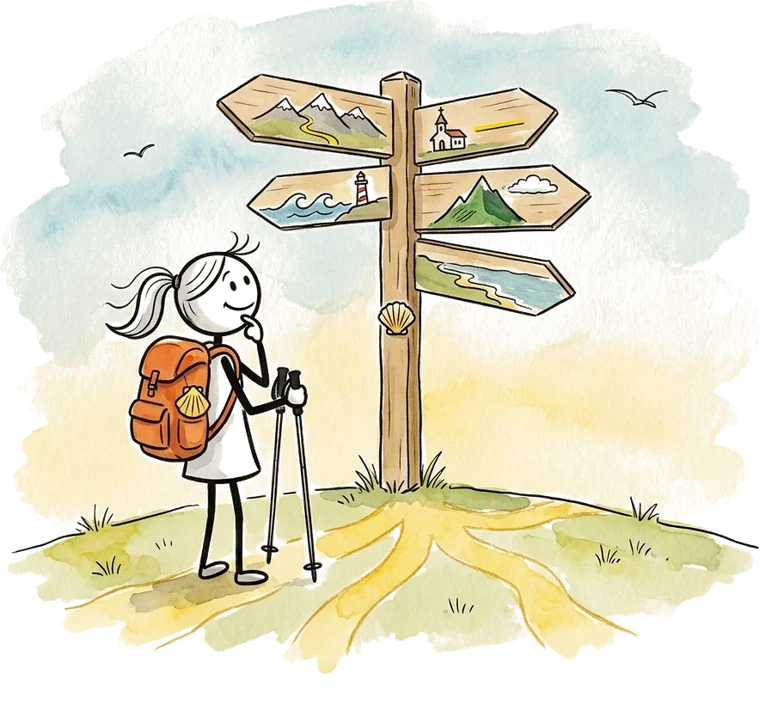 A stick-figure pilgrim with an orange backpack stands at a wooden signpost with five arrows pointing in different directions, hand on her chin