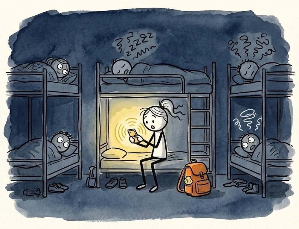 A dark dorm of bunk beds. Three pilgrims stare from their sleeping bags, two sleep on, and one woman sits on her lower bunk looking at the glowing, ringing phone in her own hand