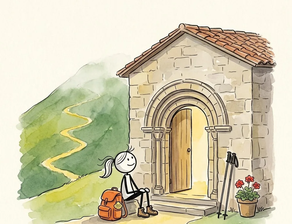 A stick-figure pilgrim with an orange backpack sits on the step of a small Romanesque stone church with a round-arched doorway, trekking poles leaning on the wall, a yellow path winding down the green hill behind her