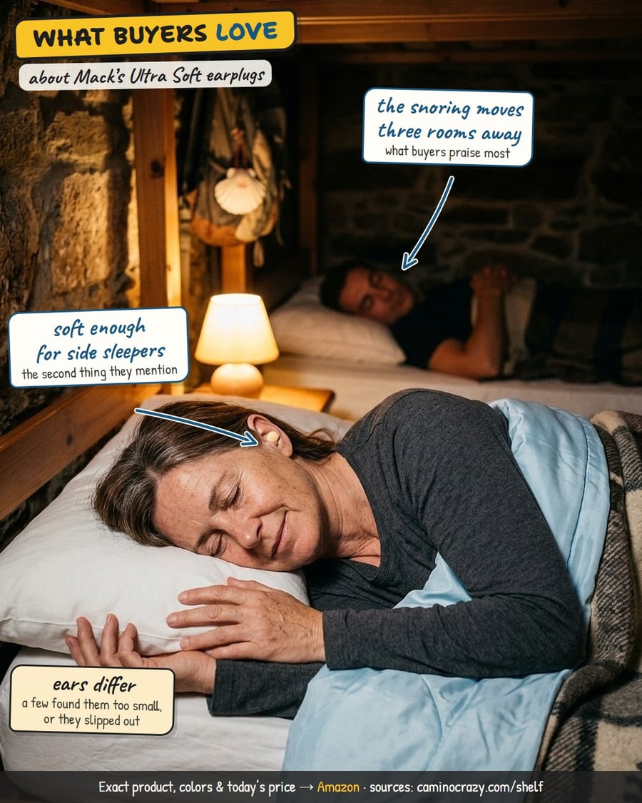 A pilgrim asleep on her side in a hostel bunk with a small beige foam earplug in her ear