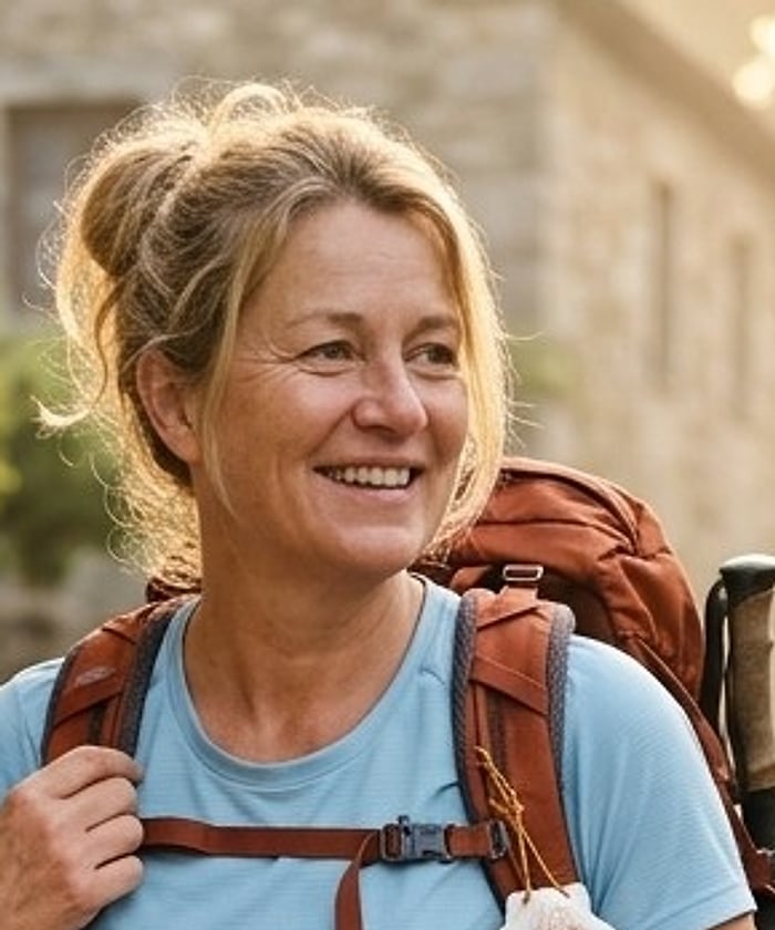 A smiling pilgrim with fair hair in a bun