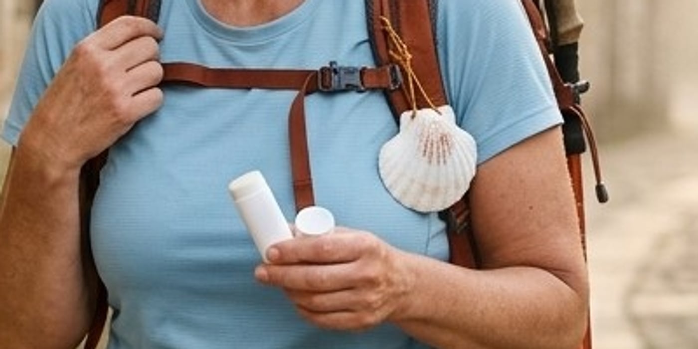 Close-up of a hand holding a small white balm stick in front of backpack straps
