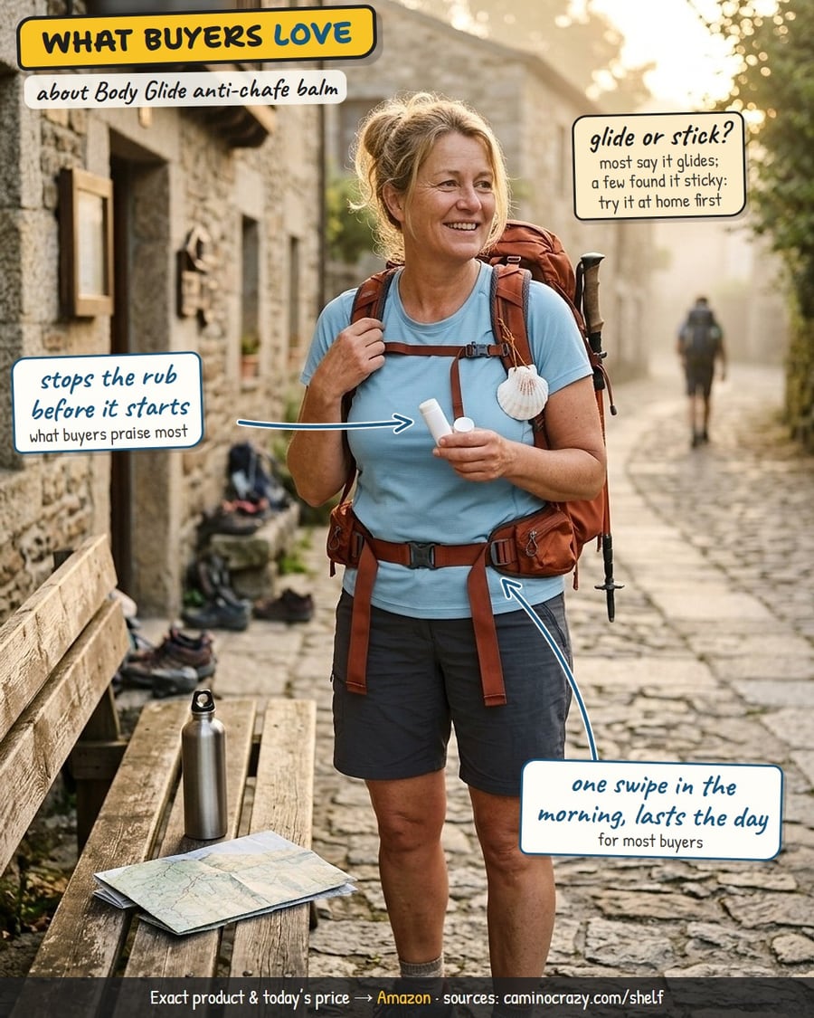 A pilgrim with a backpack holding a small balm stick outside a stone hostel at sunrise