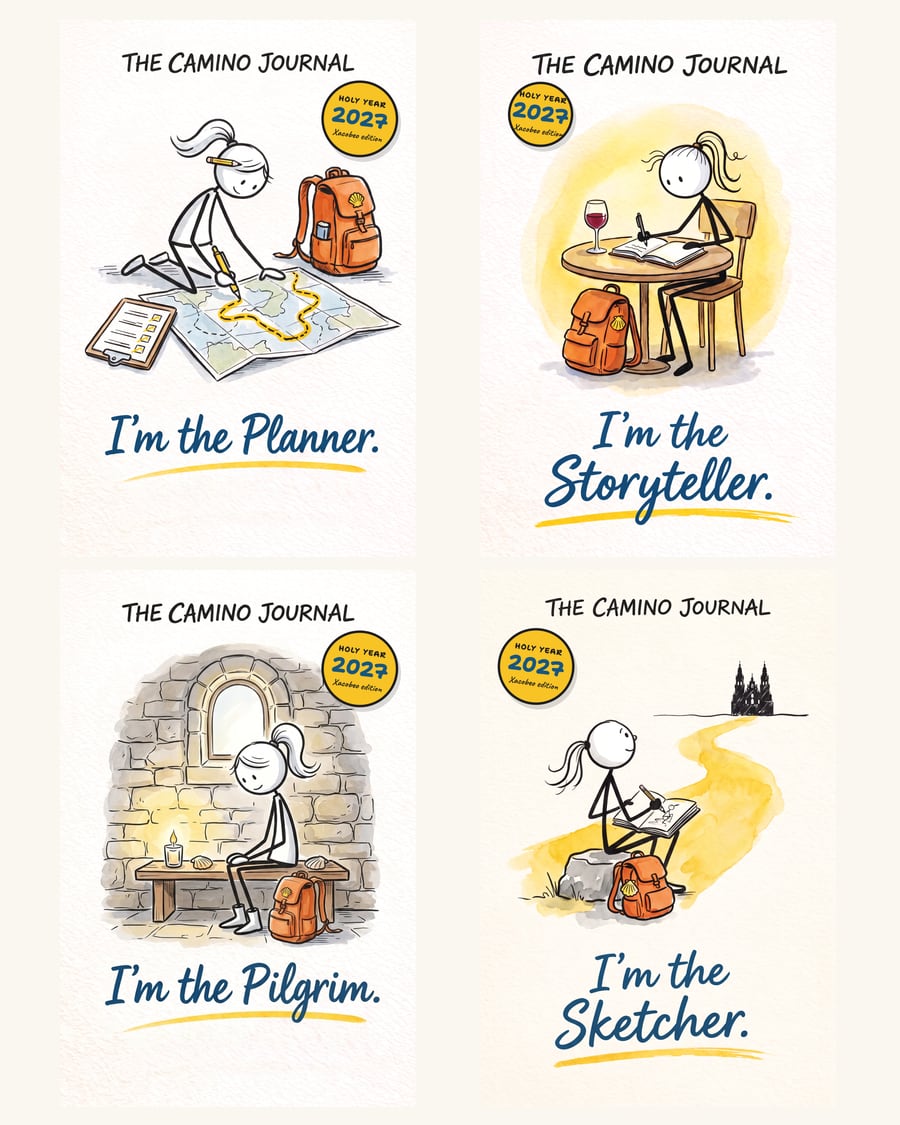 Four covers of The Camino Journal: Planner, Storyteller, Pilgrim and Sketcher