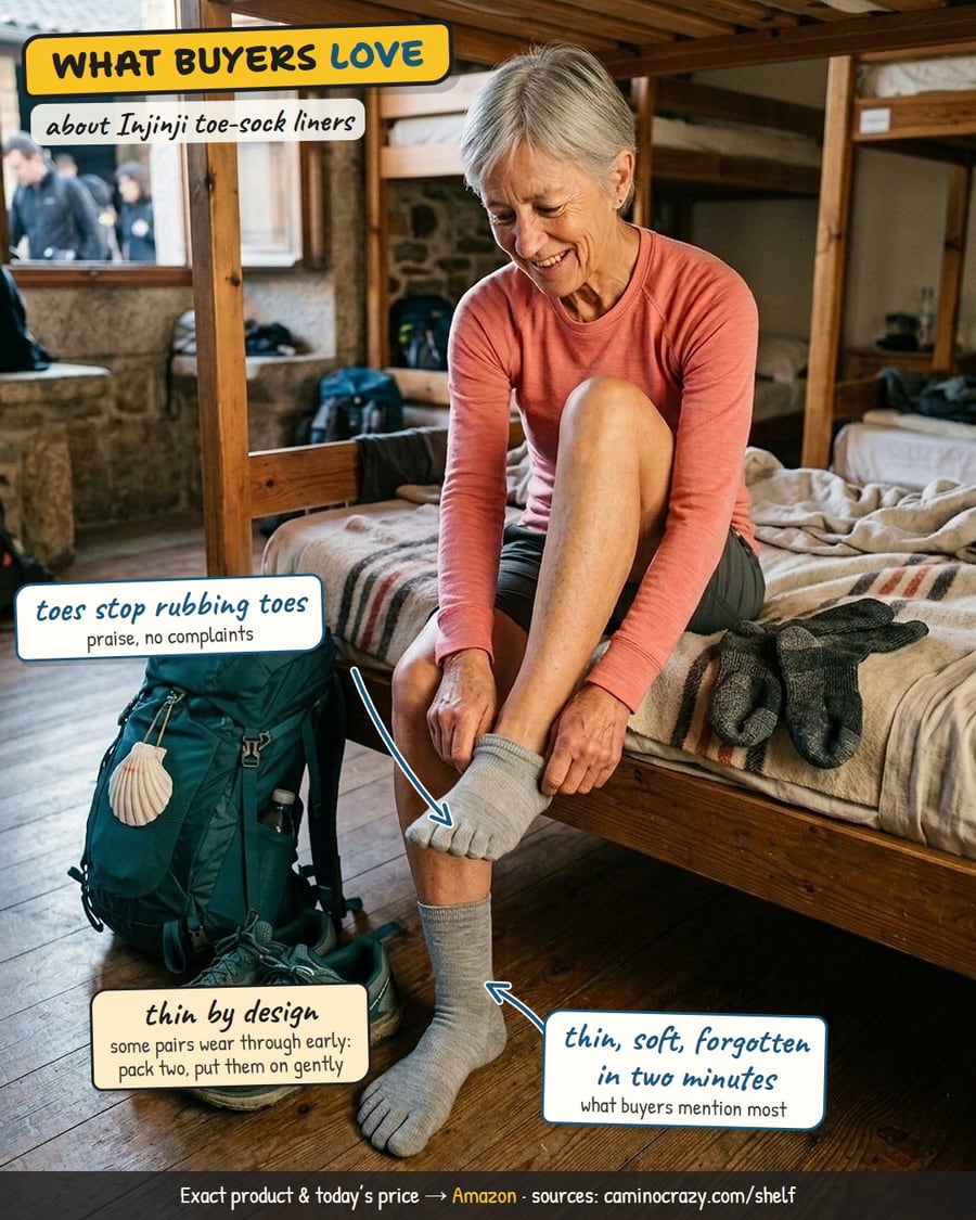 A pilgrim pulling on five-toe liner socks on a hostel bunk
