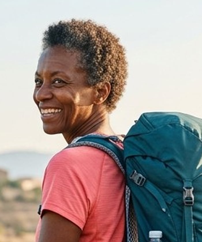 A smiling pilgrim with short graying curls looking back over her shoulder