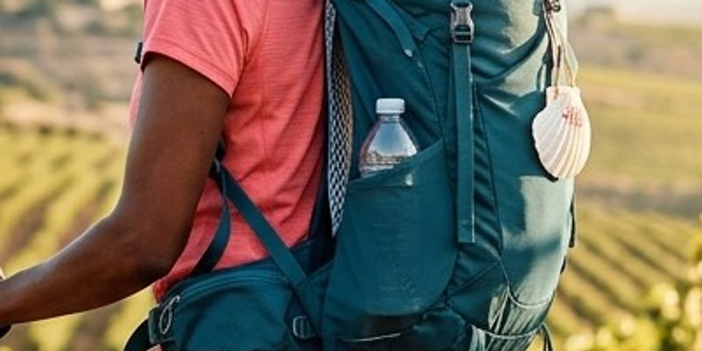 Close-up of a backpack hip belt, side pocket and mesh back panel
