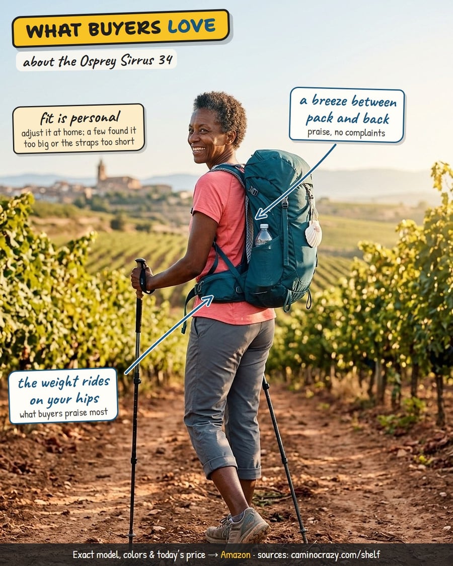 A pilgrim with a teal backpack and poles looking back over her shoulder among vineyards