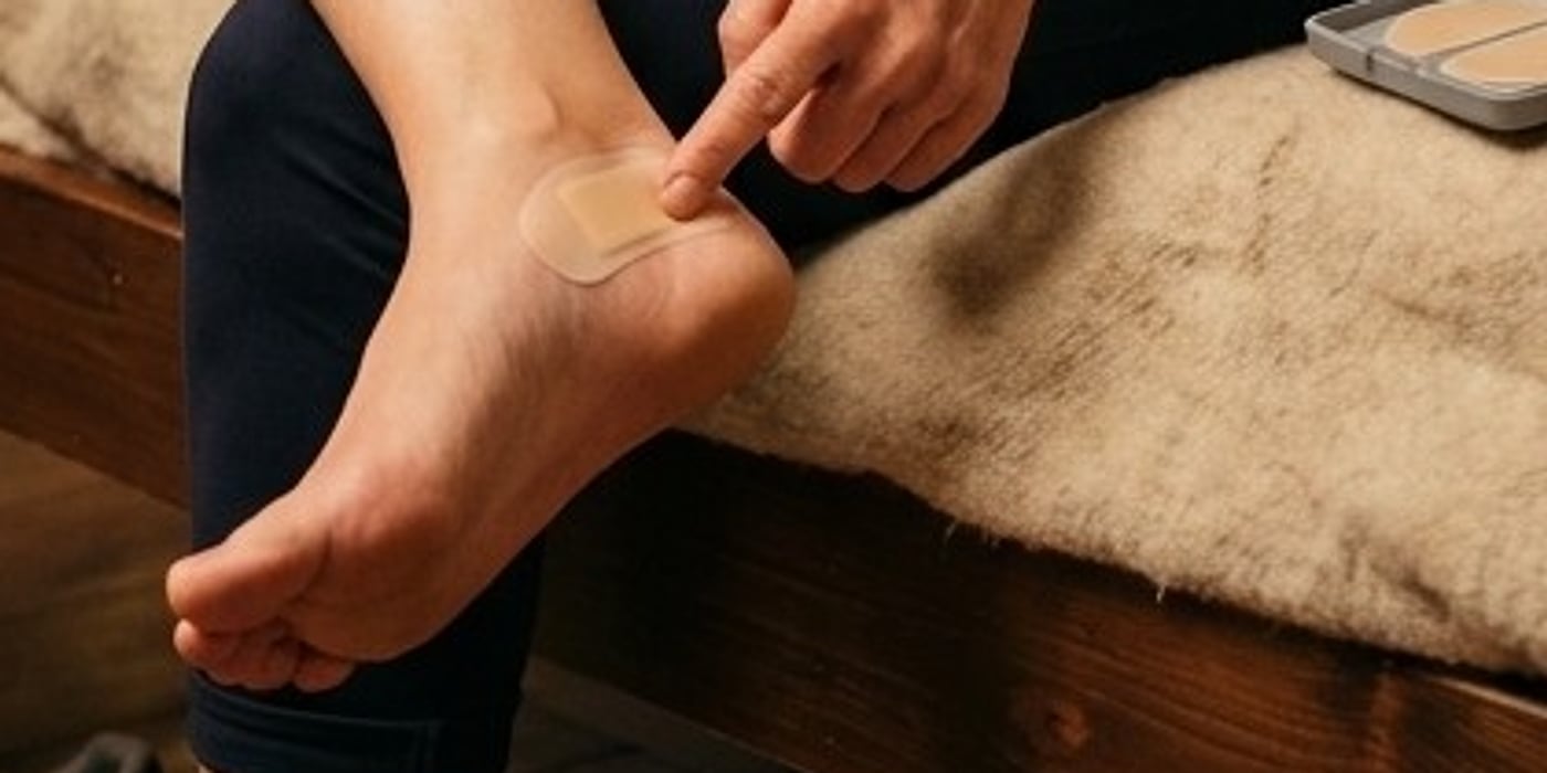 Close-up of a finger pressing an oval blister cushion onto a heel