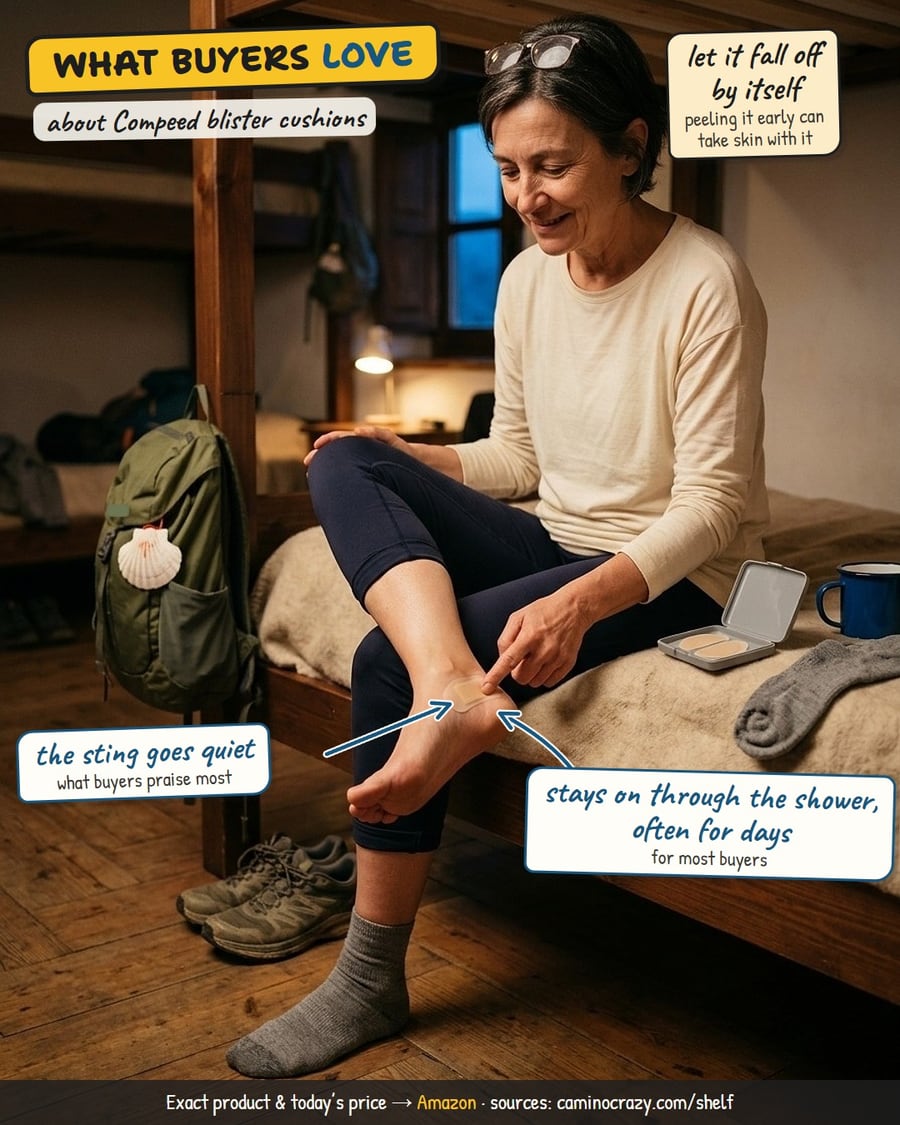 A pilgrim pressing a blister cushion onto her heel on a hostel bunk in the evening