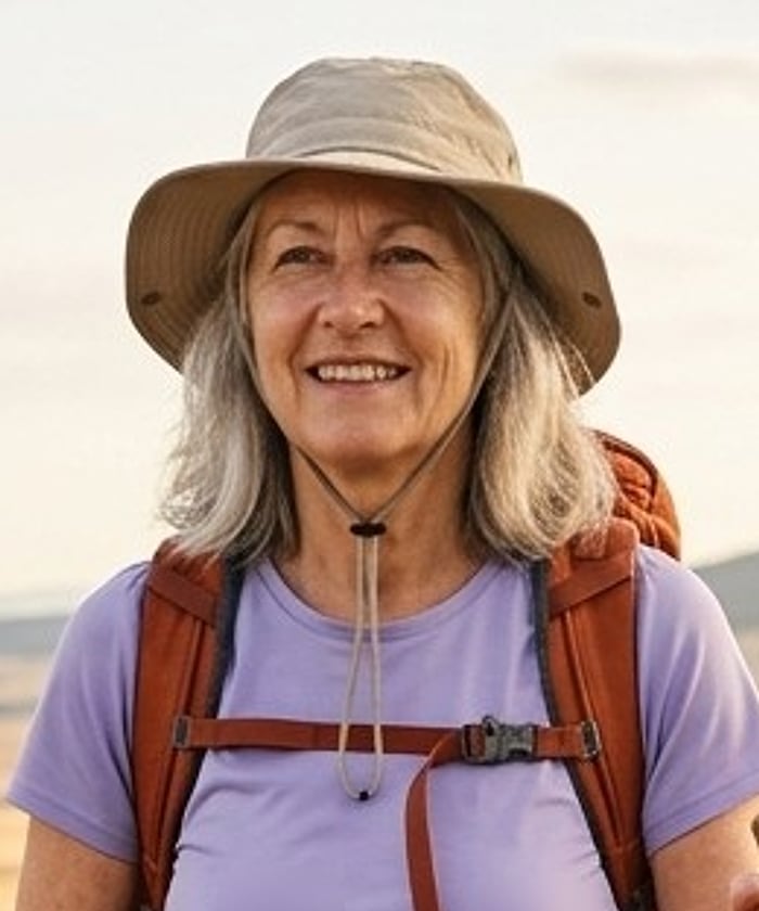 A smiling pilgrim in a sun hat