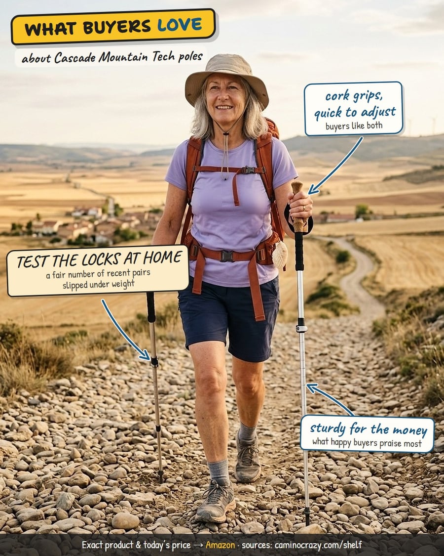 A pilgrim in a sun hat walking down a stony path with two trekking poles