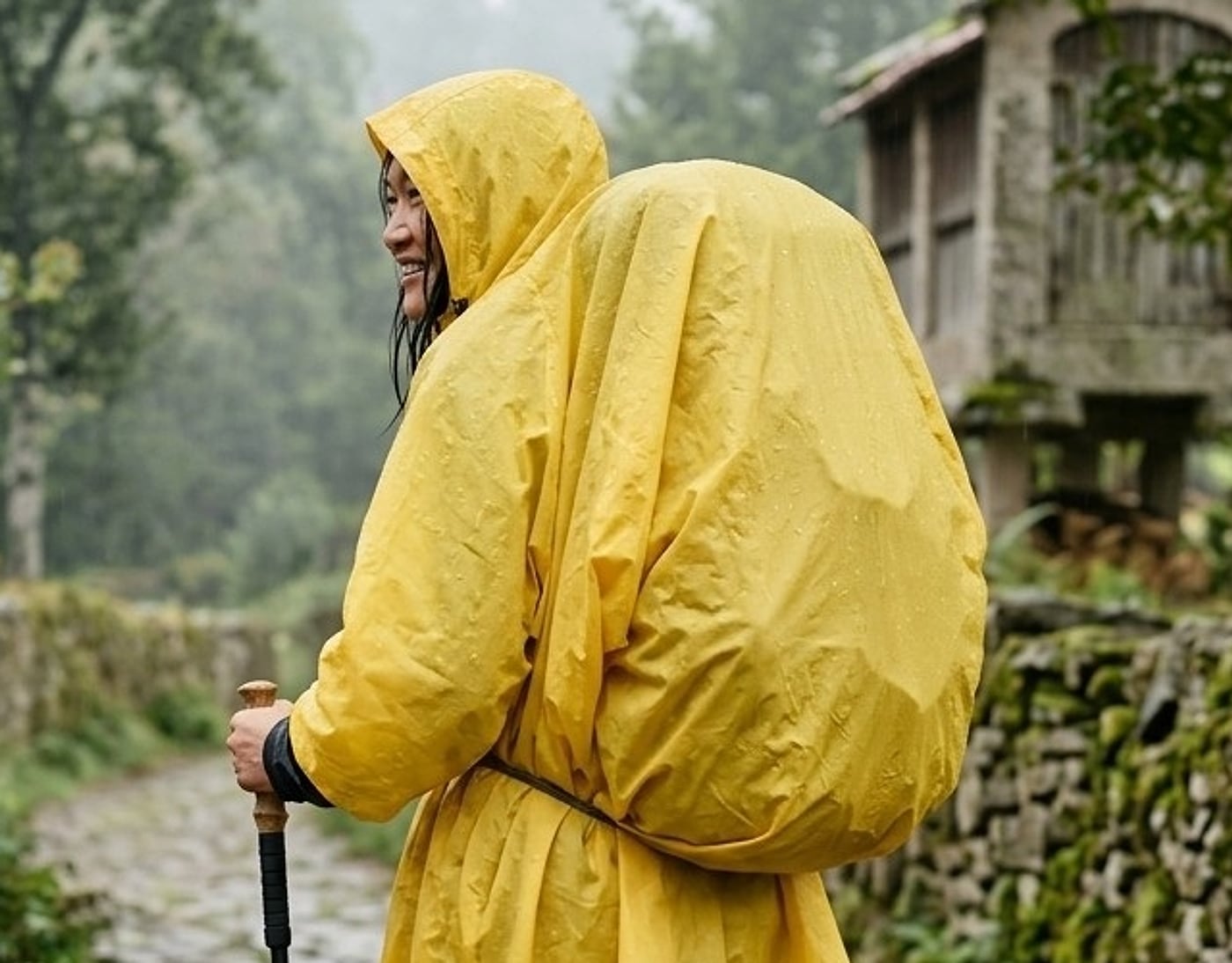 The same pilgrim from behind: one yellow poncho draped over her and her backpack