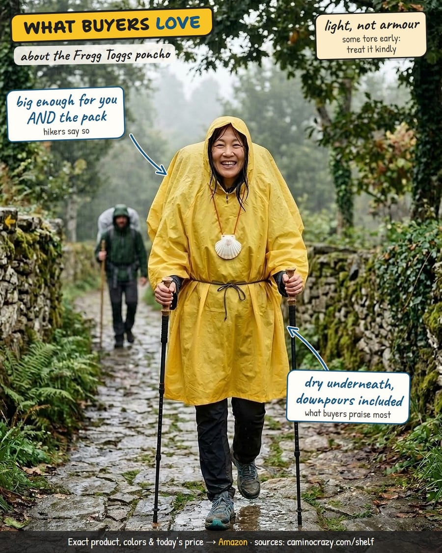 A smiling pilgrim in a yellow poncho over her backpack on a wet stone path in Galicia