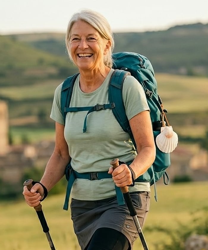 A smiling pilgrim with poles on a gravel path