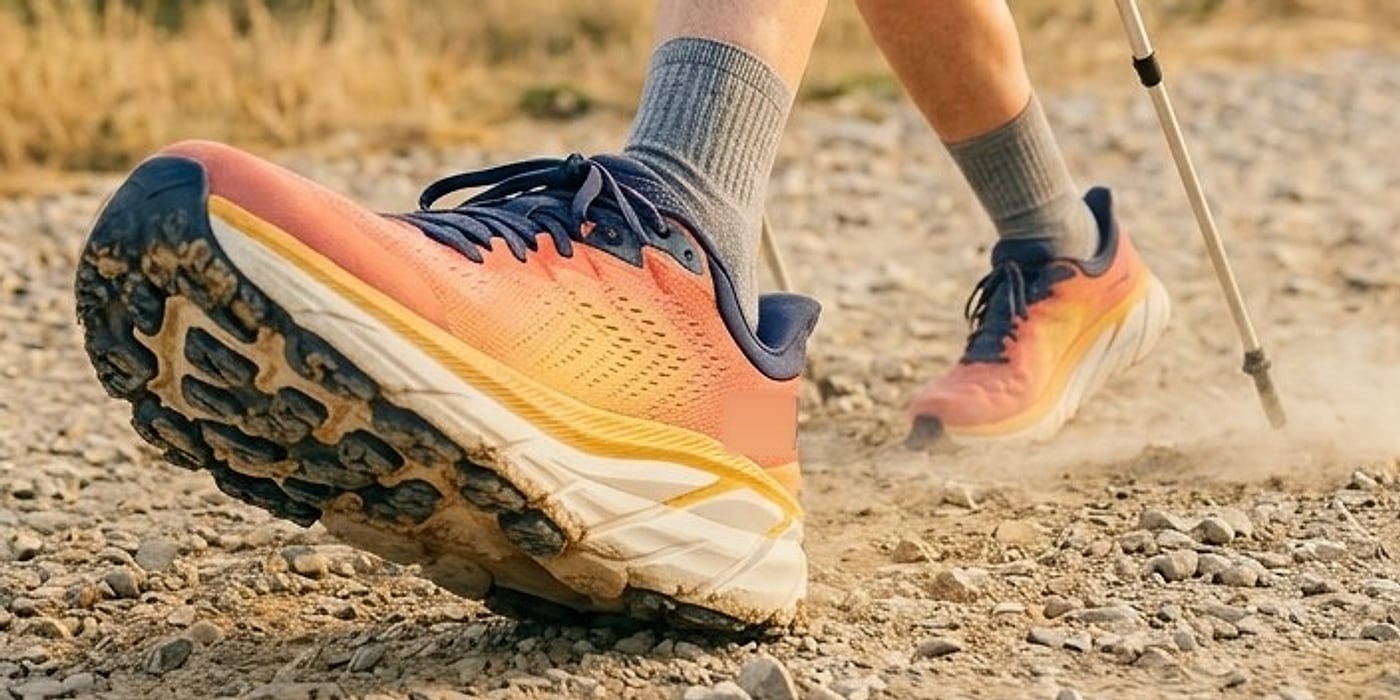 Close-up of a dusty cushioned trail shoe mid-stride