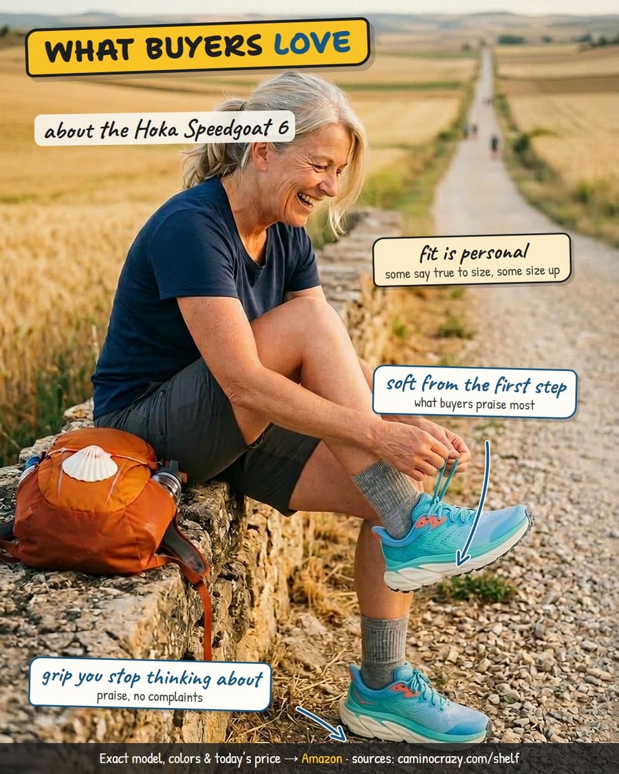 A pilgrim tying cushioned trail shoes on the meseta