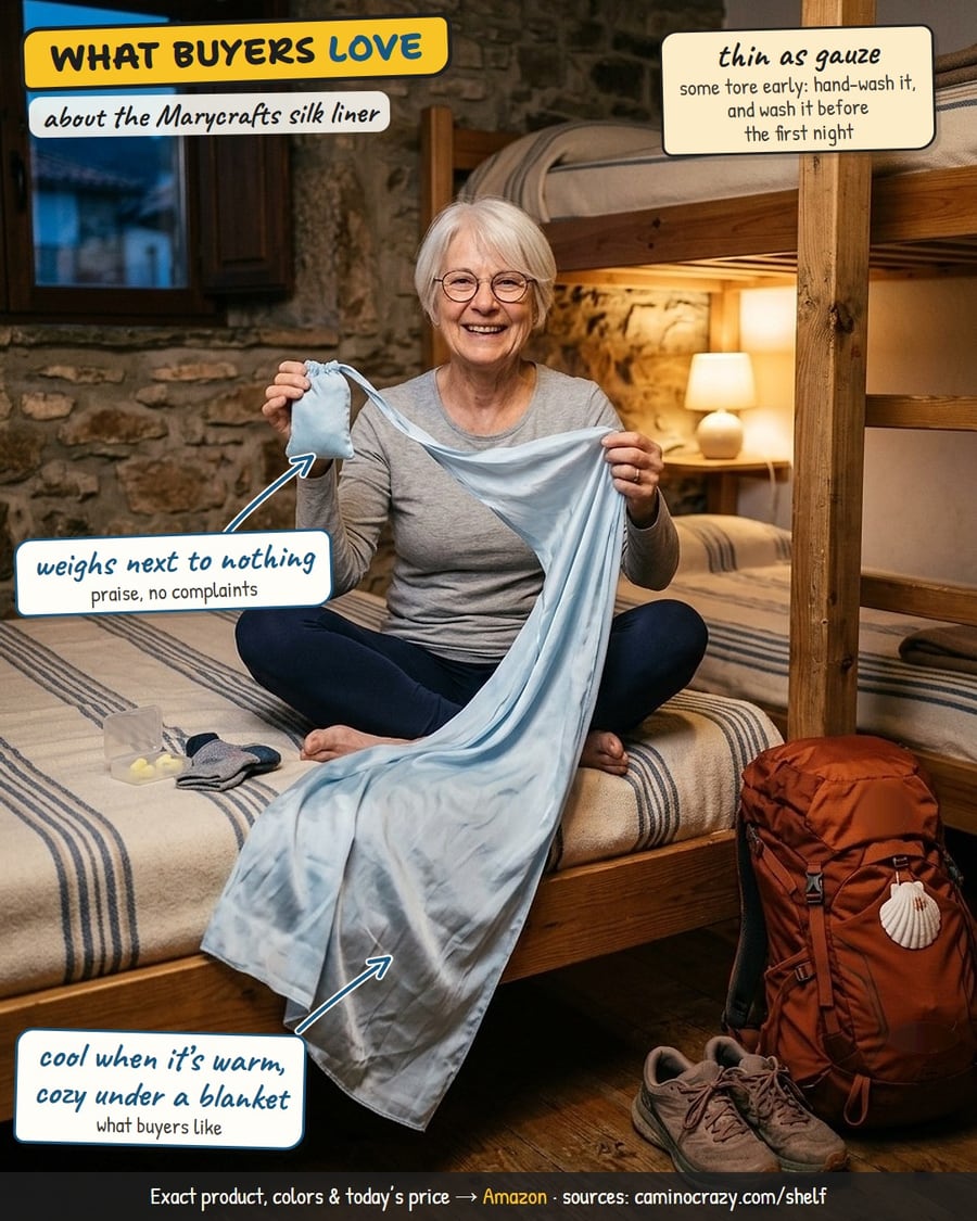 A pilgrim on a hostel bunk pulling a thin blue silk liner out of a tiny pouch