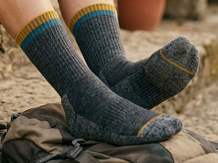 Close-up of the reinforced heel and toe of a merino hiking sock