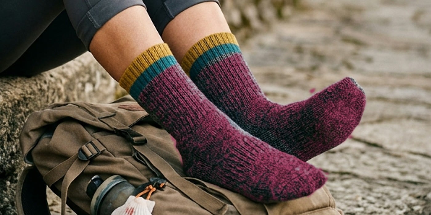 Feet in berry-colored merino socks resting on a backpack