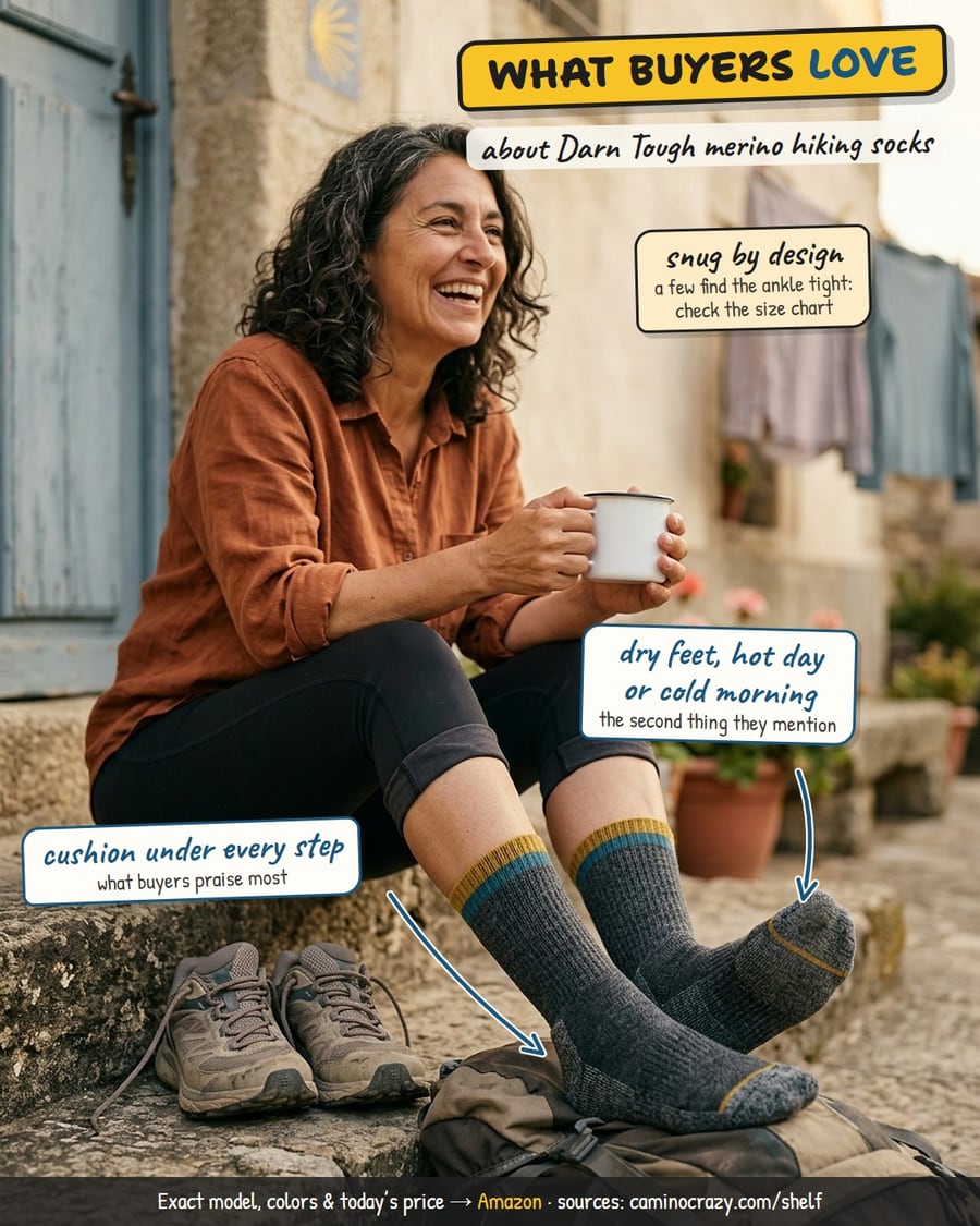 A pilgrim resting in merino hiking socks outside an albergue