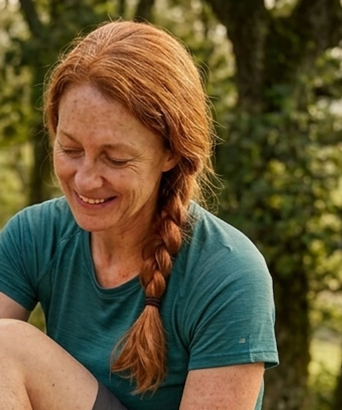 A pilgrim with a red braid smiling as she tapes her heel