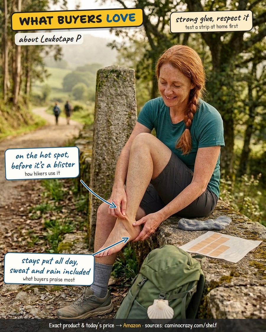 A pilgrim putting a strip of tan tape on her heel beside the path