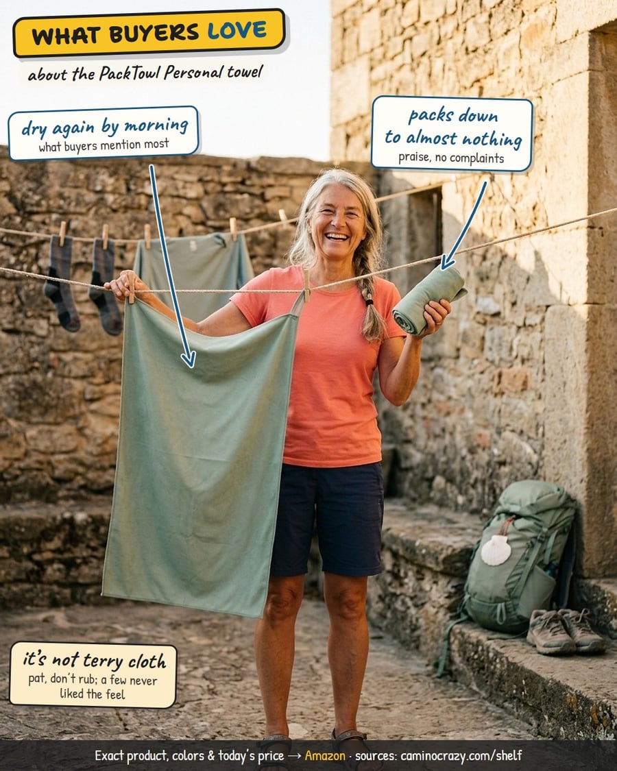 A laughing pilgrim hanging a thin sage-green travel towel on a washing line in a stone courtyard, holding a second one rolled up small